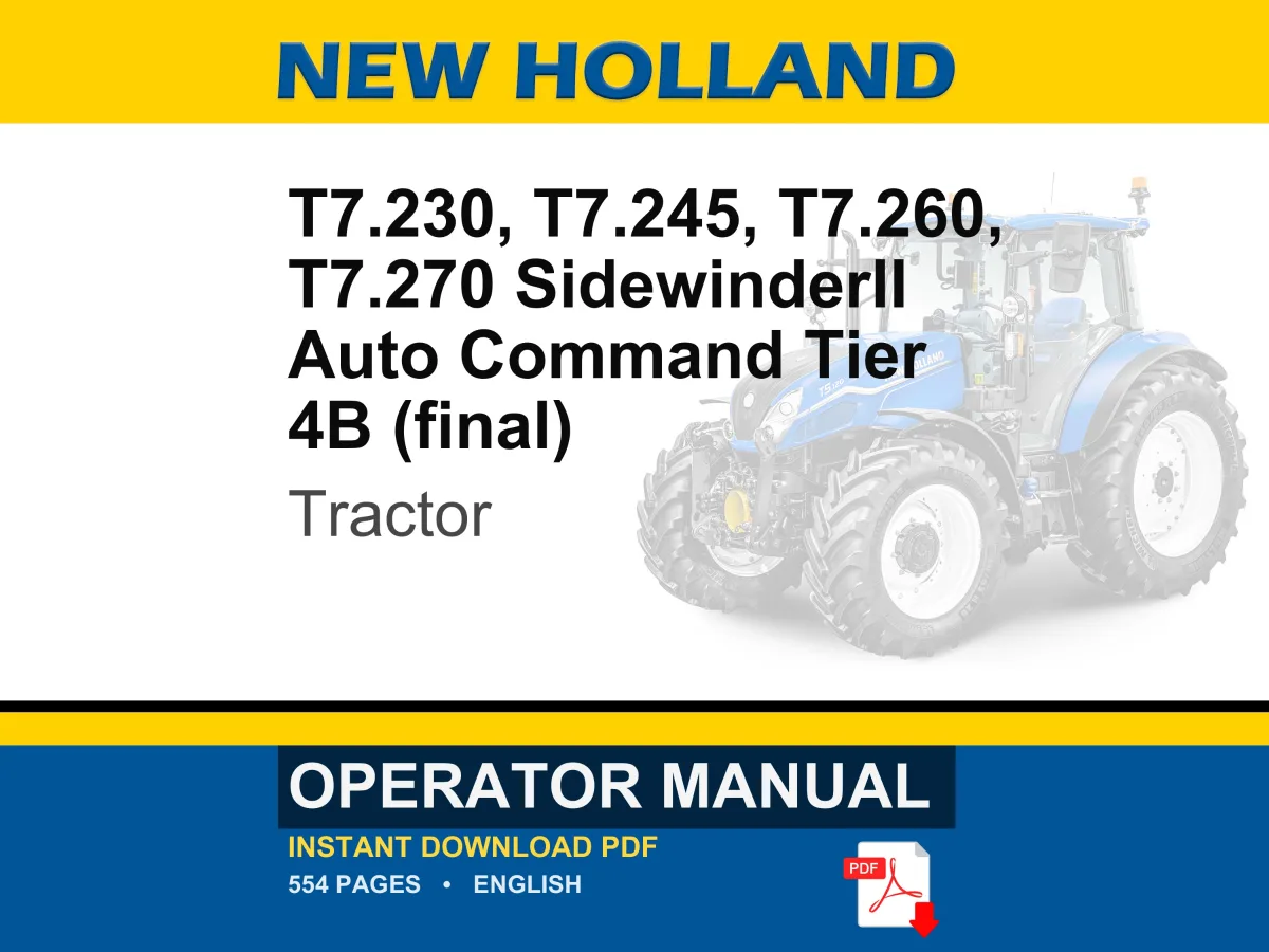 New Holland T7.230, T7.245, T7.260, T7.270 AutoCommand Tier 4B (final) Sidewinder II Tractor Operator Owners Operation Manual | PDF Download cover