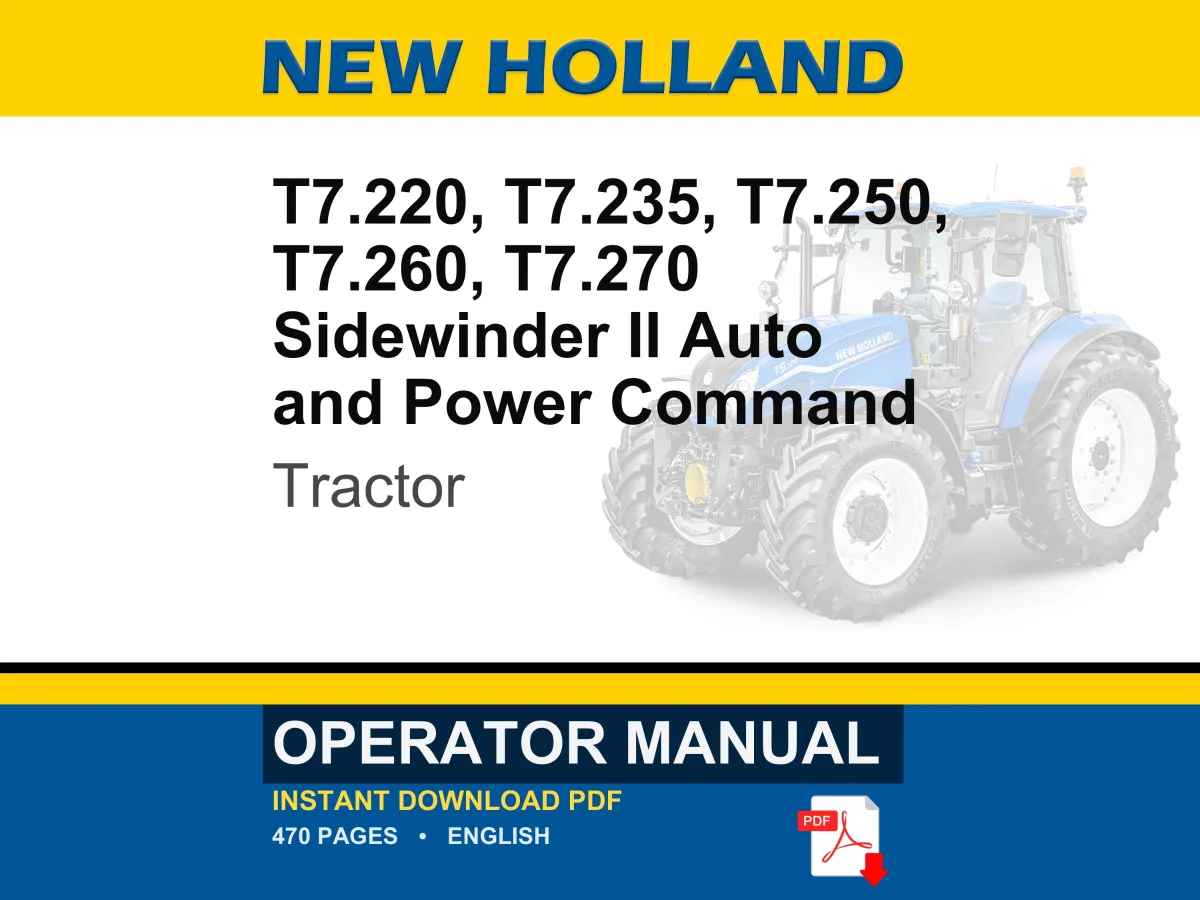 New Holland T7.220, T7.235, T7.250, T7.260, T7.270 Sidewinder II Auto and Power Command Tractor Operator Owners Manual | PDF Download cover