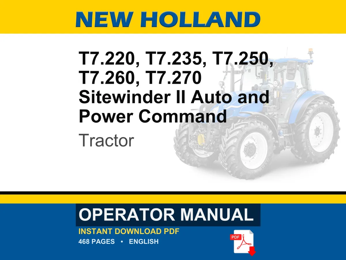 New Holland T7.220, T7.235, T7.250, T7.260, T7.270 Sitewinder II Auto and Power Command Tractor Operator Owners Manual | PDF Download cover