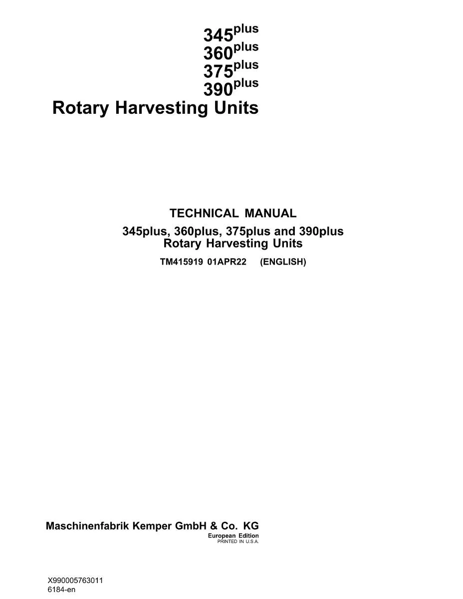Fendt Rotary Harvesting Units 345plus, 360plus, 375plus and 390plus Workshop Manual | pdf | Instant Download