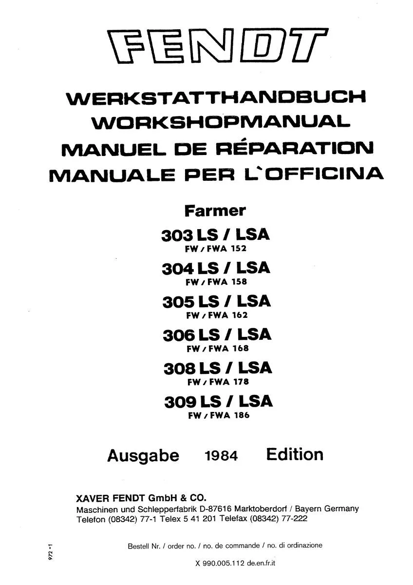Fendt Tractor Farmer 303 - 309 Workshop Manual | pdf | Instant Download