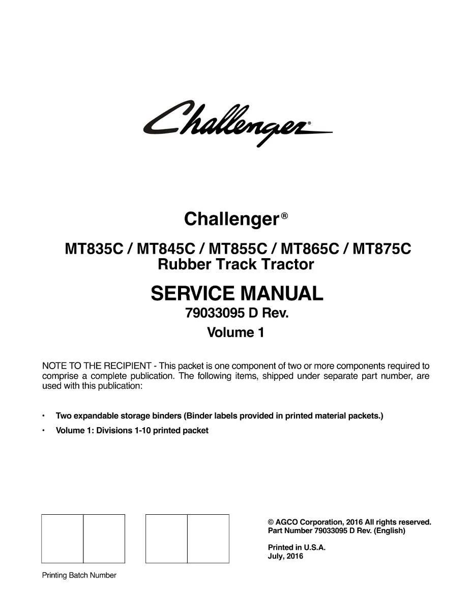 Challenger Tractor MT800C Workshop Manual | pdf | Instant Download