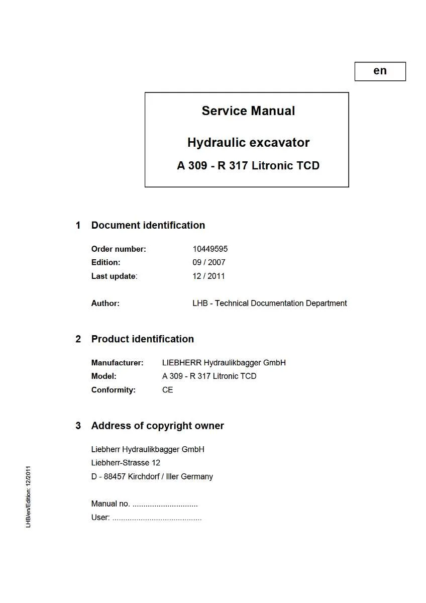 Liebherr Hydraulic Excavator A309 - R317 litronic Service Manual | Instant PDF Download