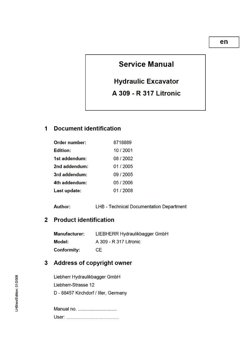 Liebherr Hydraulic Excavator A309 - R317 litronic tcd Service Manual | Instant PDF Download