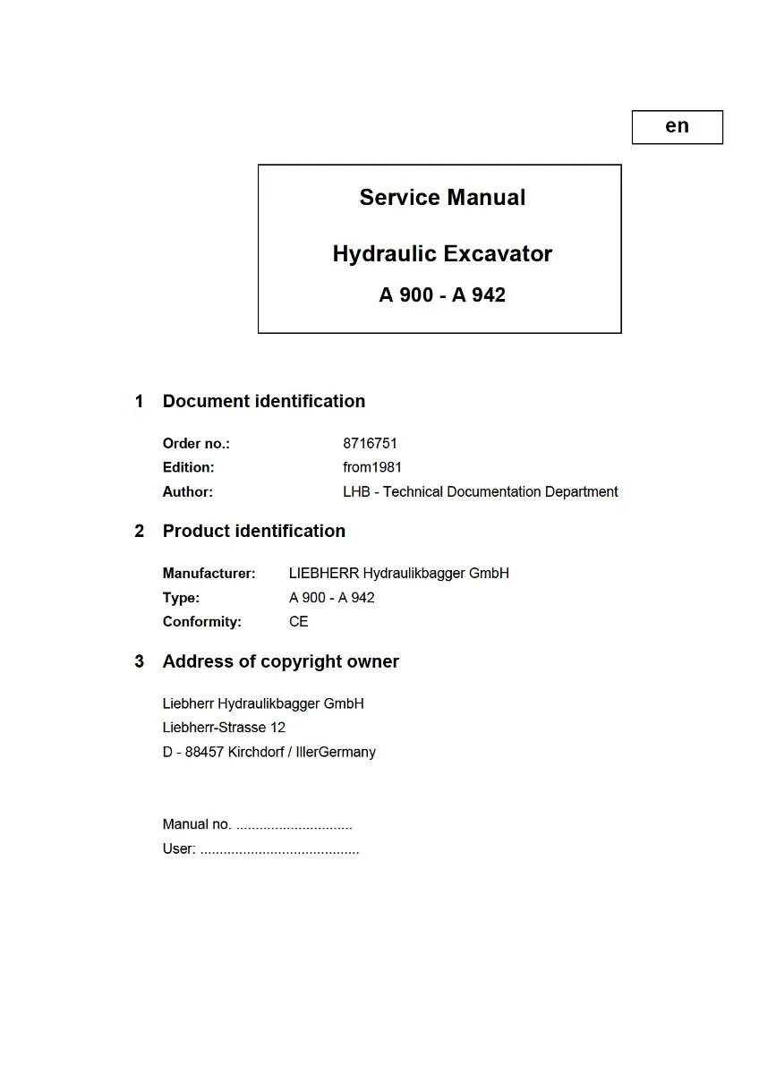Liebherr Hydraulic Excavator A900 - A942 Service Manual | Instant PDF Download