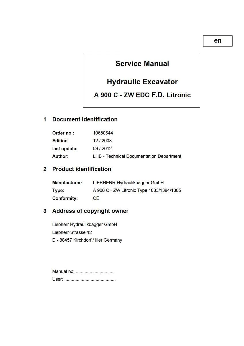 Liebherr Hydraulic Excavator A900c-Zw litronic Service Manual | Instant PDF Download