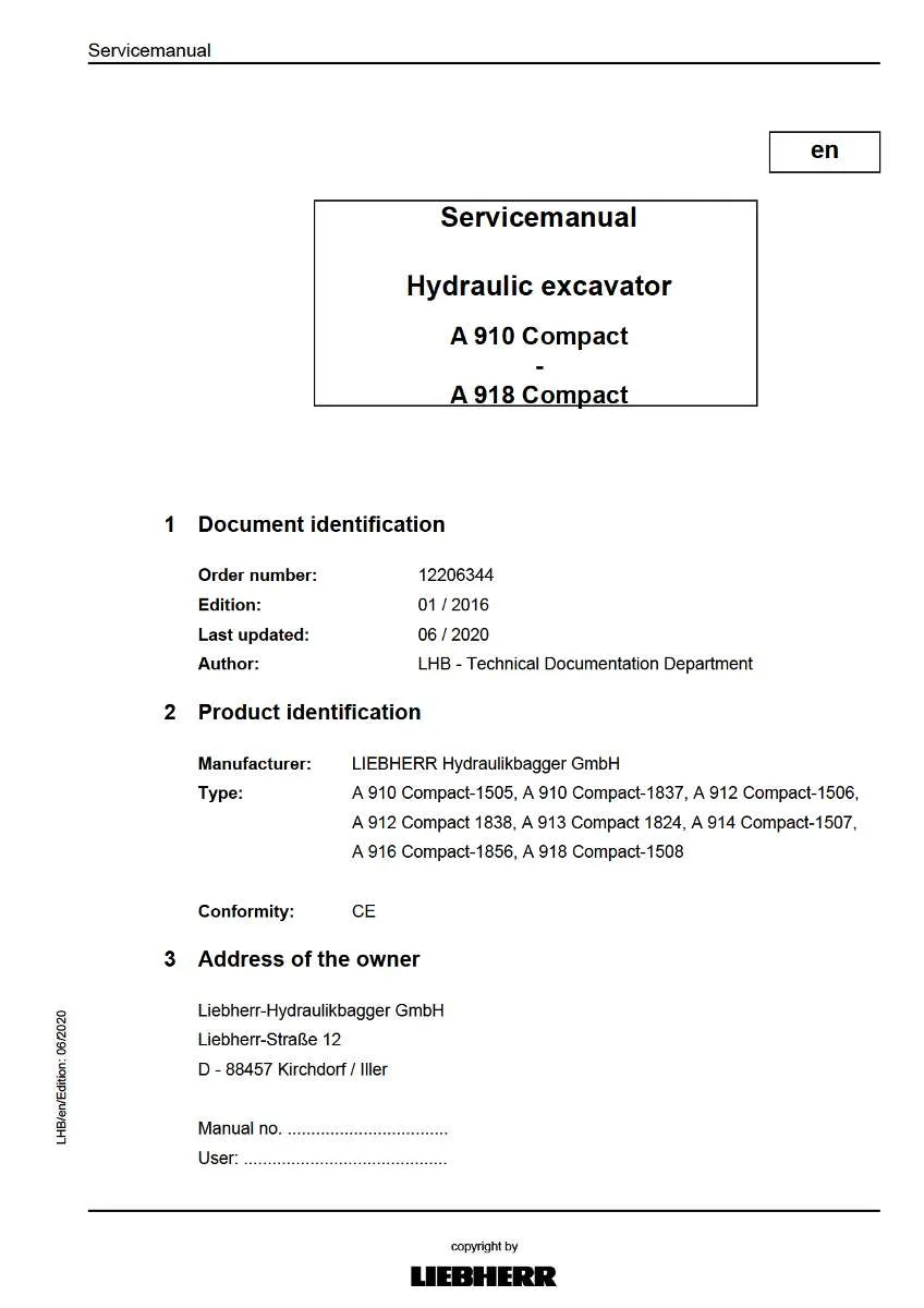 Liebherr Hydraulic Excavator A910 - A918 compact Service Manual | Instant PDF Download