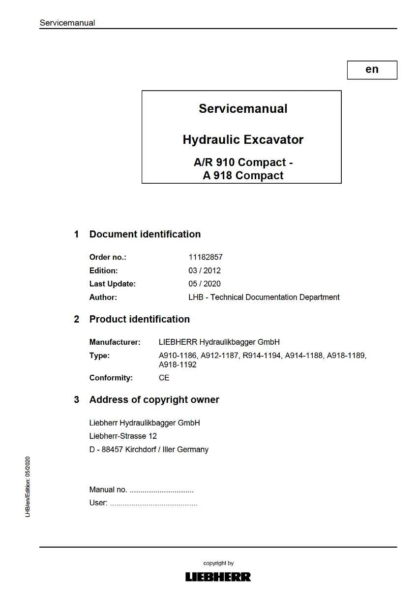 Liebherr Hydraulic Excavator A/R 910 - A918 compact Service Manual | Instant PDF Download