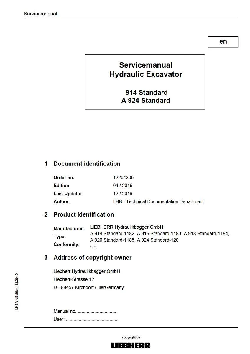 Liebherr Hydraulic Excavator A914, A916, A918, A920, A924 Standard Service Manual | Instant PDF Download