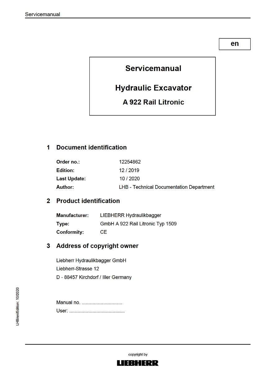 Liebherr Hydraulic Excavator A922 rail litronic typ 1509 Service Manual | Instant PDF Download