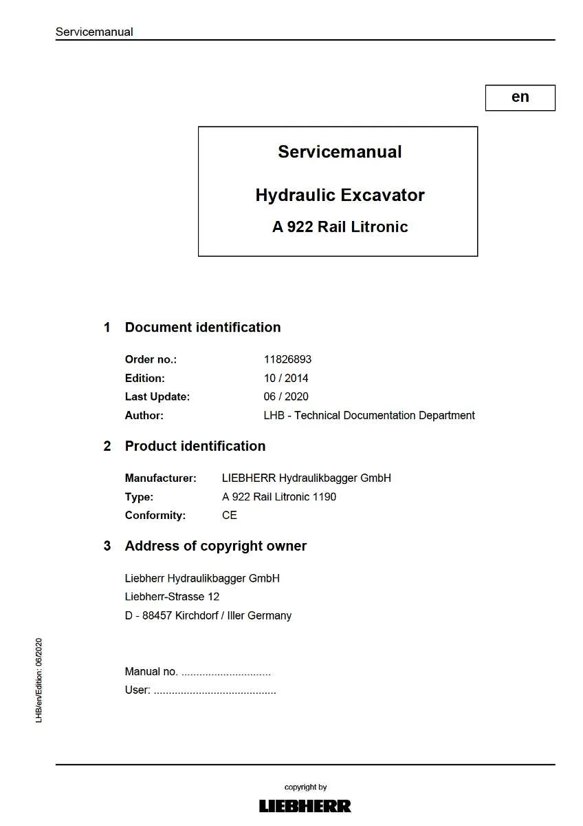 Liebherr Hydraulic Excavator A922 rail litronic typ 1190 Service Manual | Instant PDF Download