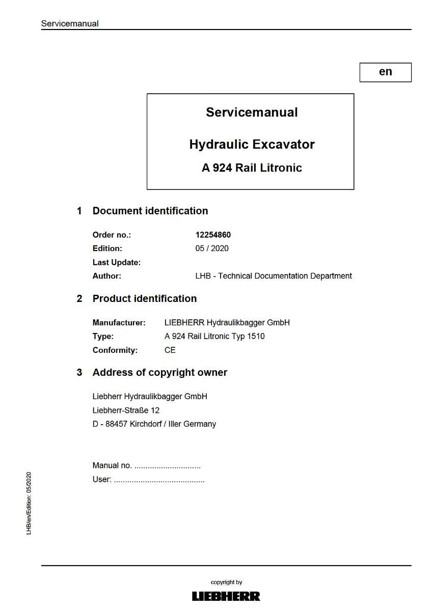 Liebherr Hydraulic Excavator A924 rail litronic typ 1510 Service Manual | Instant PDF Download