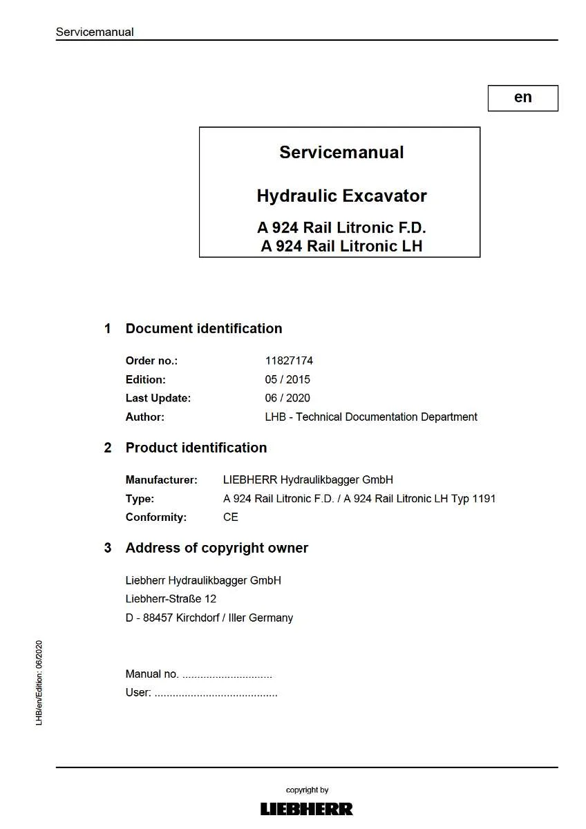 Liebherr Hydraulic Excavator A924 rail litronic f.d, Lh typ 1191 Service Manual | Instant PDF Download