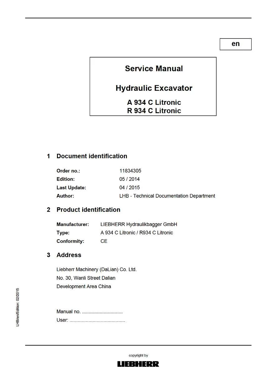 Liebherr Hydraulic Excavator A934c, R934c litronic Service Manual | Instant PDF Download
