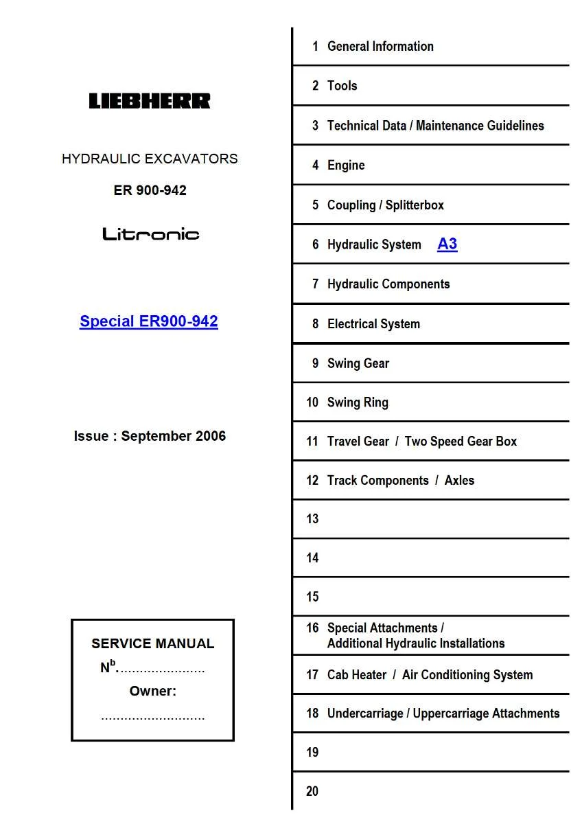 Liebherr Hydraulic Excavator Er 900-942 Service Manual | Instant PDF Download