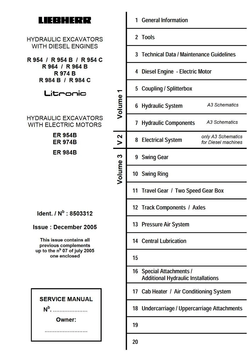 Liebherr Hydraulic Excavator Er 954B, 974B, 984B, R954, R964, R984 Service Manual | Instant PDF Download