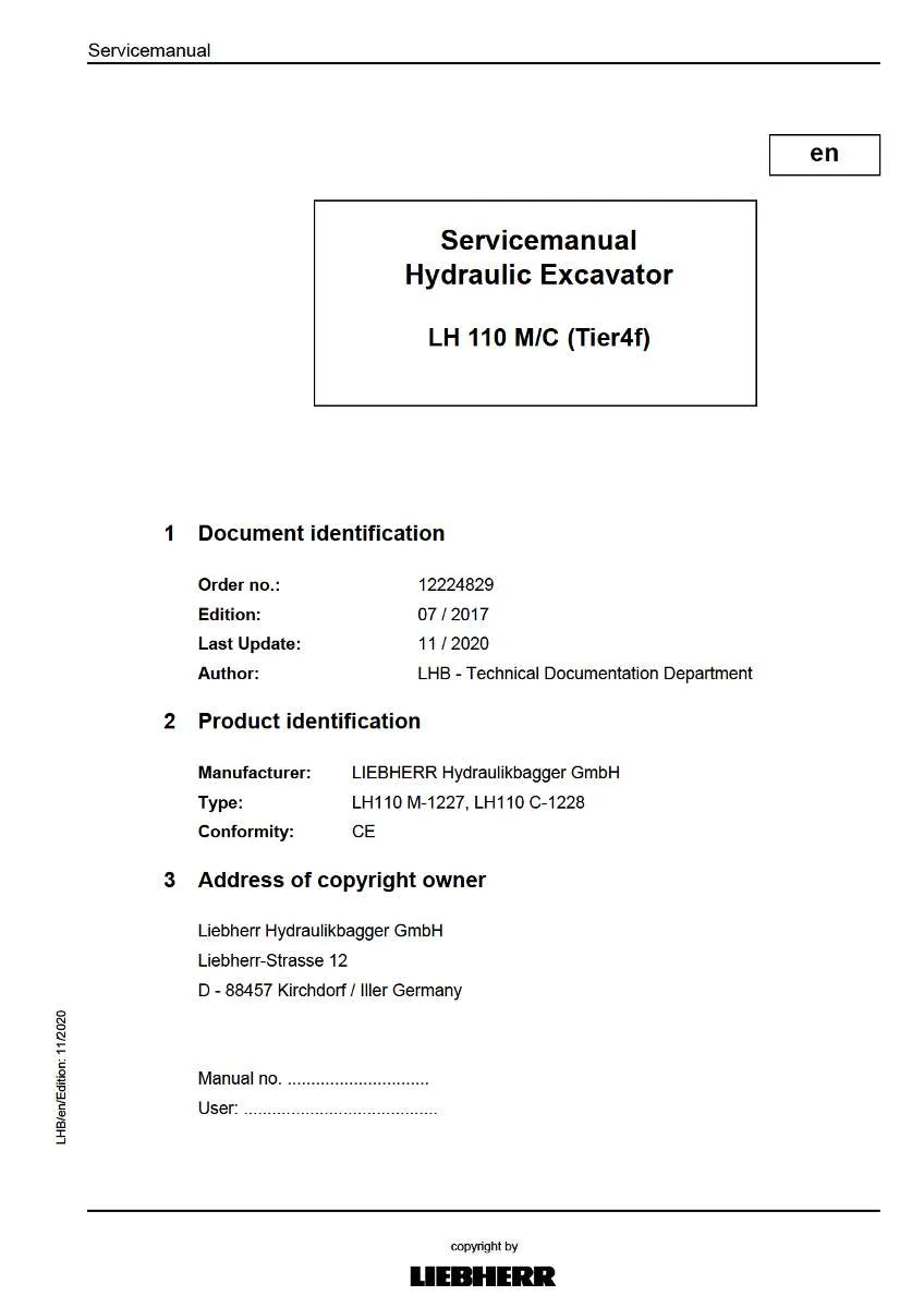 Liebherr Hydraulic Excavator Lh 110 m/C tier 4f Service Manual | Instant PDF Download