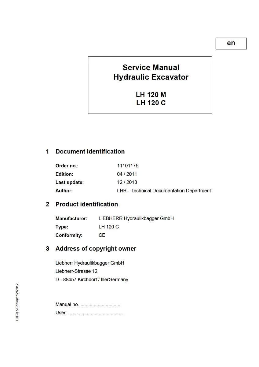 Liebherr Hydraulic Excavator Lh 120 m, Lh 120 c Service Manual | Instant PDF Download