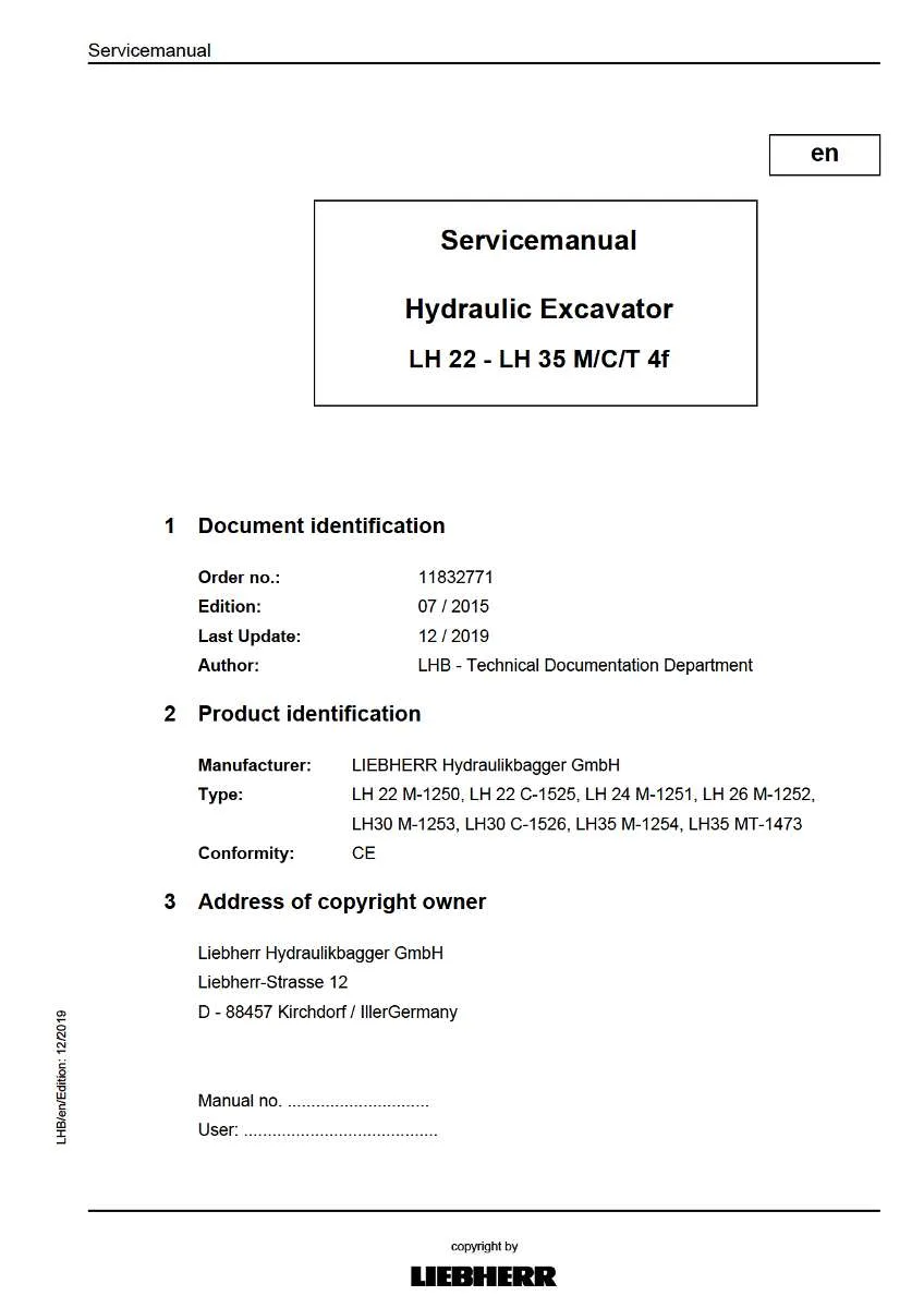 Liebherr Hydraulic Excavator Lh22m, Lh22c, Lh24m, Lh26m, Lh30m, Lh30c, Lh35m Service Manual | Instant PDF Download