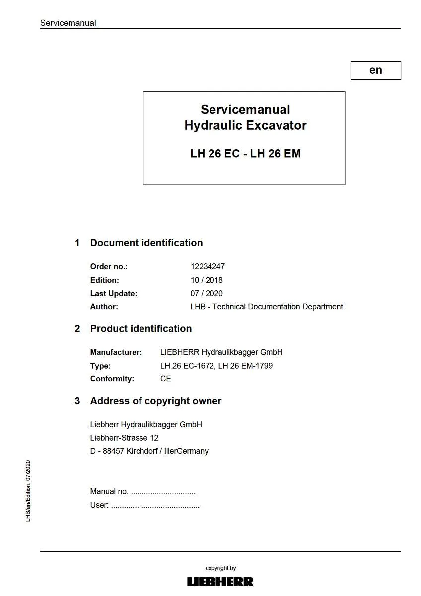 Liebherr Hydraulic Excavator Lh 26 ec typ 1672, Lh 26 em typ 1799 Service Manual | Instant PDF Download