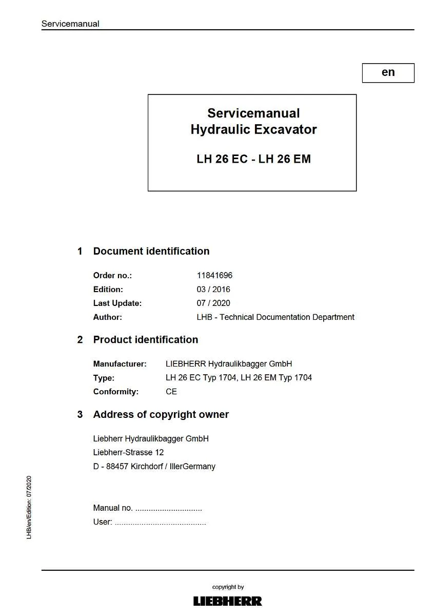 Liebherr Hydraulic Excavator Lh 26 ec typ 1704, Lh 26 em typ 1704 Service Manual | Instant PDF Download