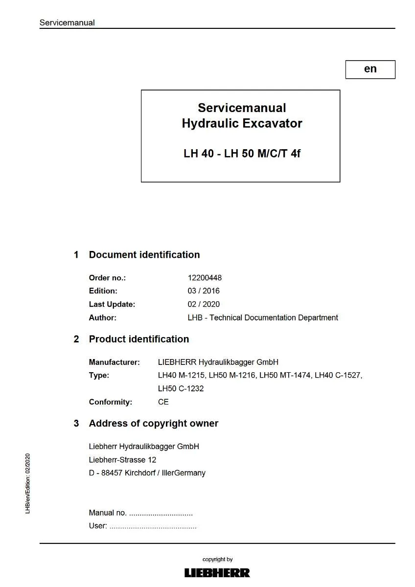 Liebherr Hydraulic Excavator Lh40 m, Lh50 m, Lh50 mt, Lh40 c, Lh50 c Service Manual | Instant PDF Download