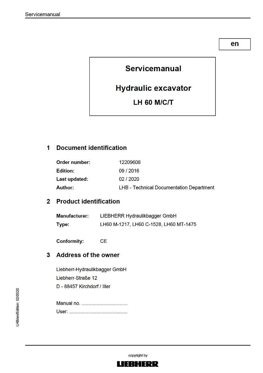 Liebherr Hydraulic Excavator Lh60 m, Lh60 c, Lh60 mt Service Manual | Instant PDF Download