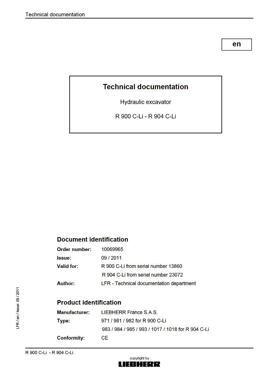 Liebherr Hydraulic Excavator R 900 c-Li, R 904 c-Li Technical Documentation | Instant PDF Download
