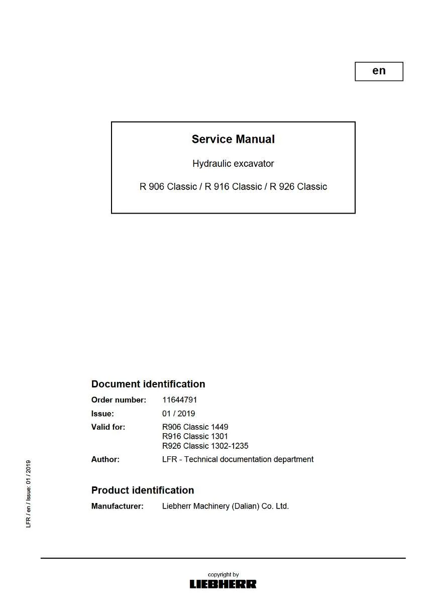 Liebherr Hydraulic Excavator R 906, R 916, R 926 classic Service Manual | Instant PDF Download