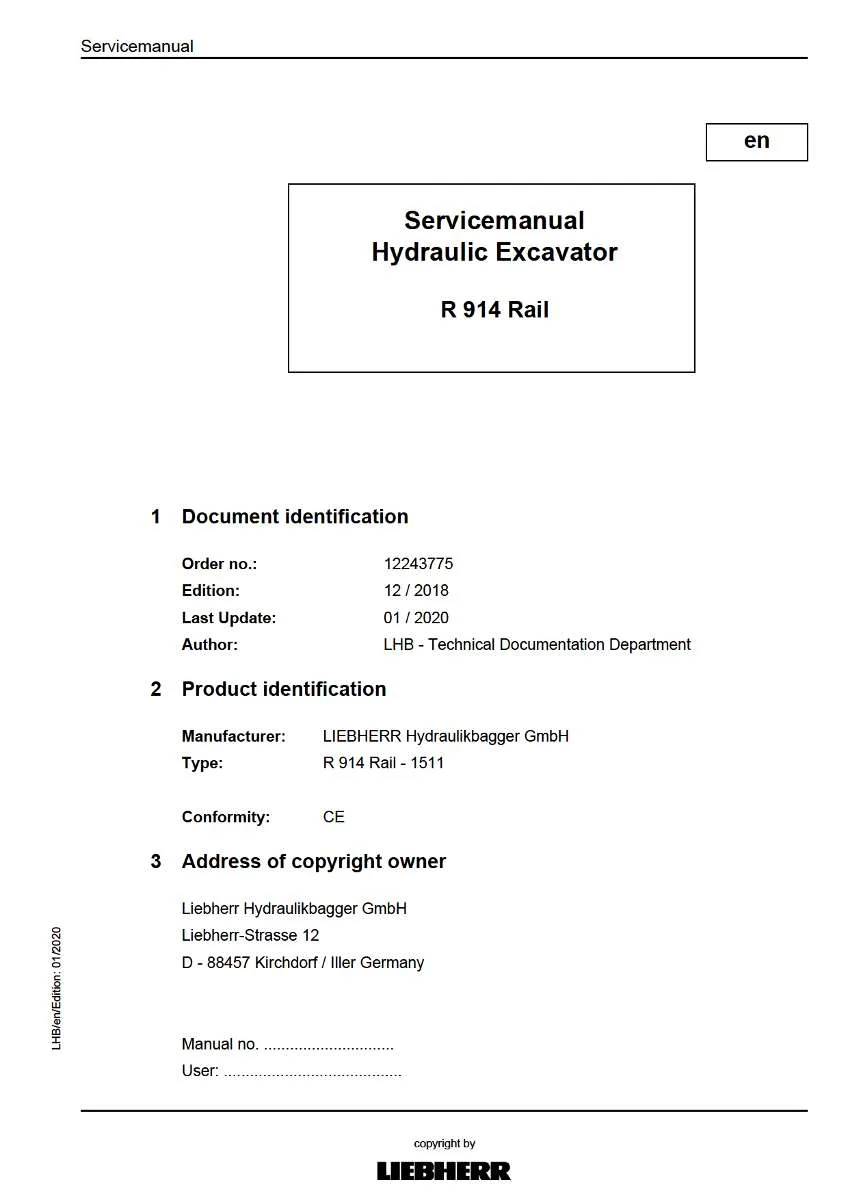 Liebherr Hydraulic Excavator R 914 rail Service Manual | Instant PDF Download