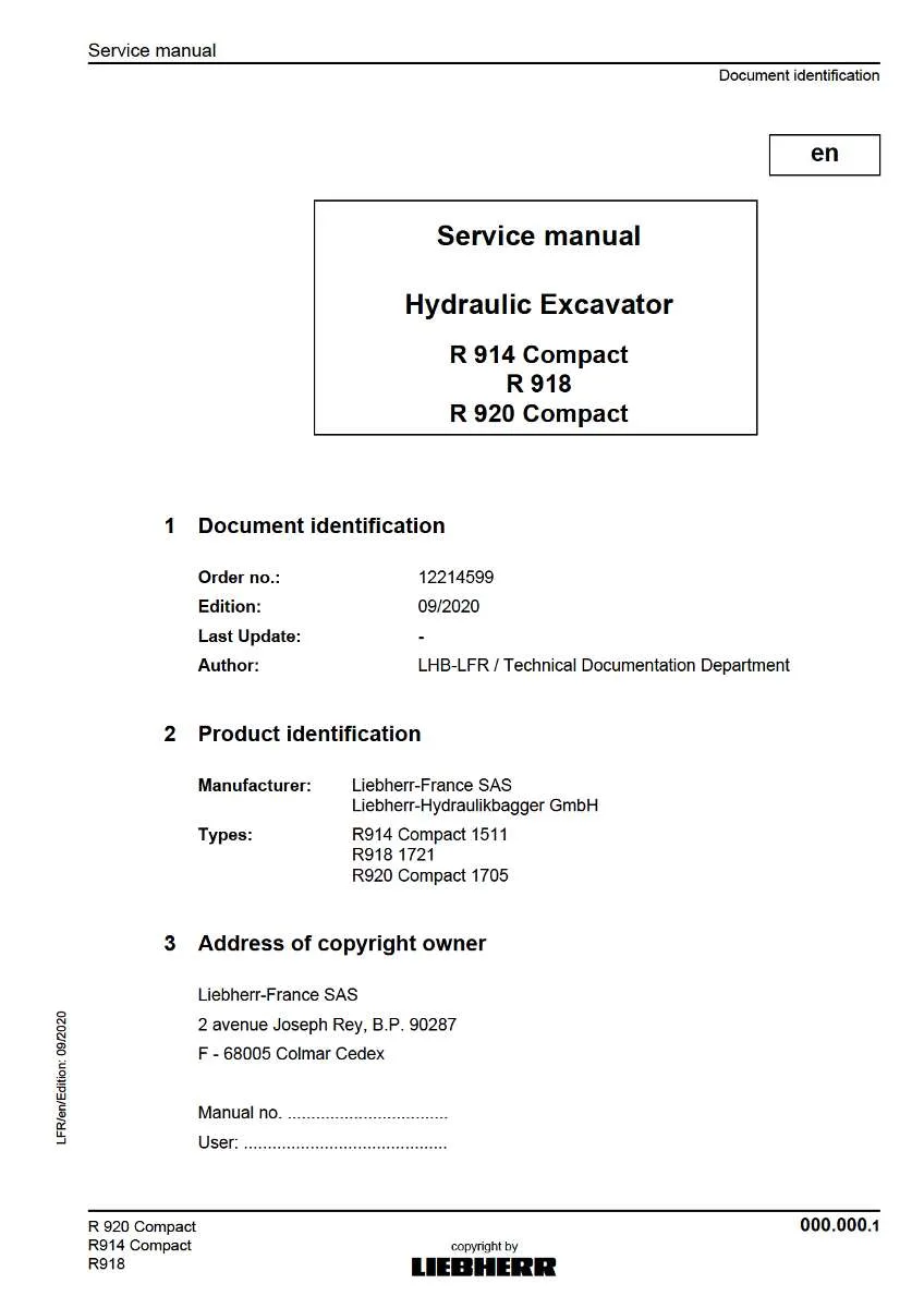 Liebherr Hydraulic Excavator R 914 compact, R 918, R 920 compact Service Manual | Instant PDF Download
