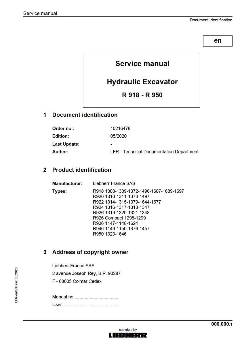 Liebherr Hydraulic Excavator R918, R920, R922, R924, R926, R936, R946, R950 Service Manual | Instant PDF Download