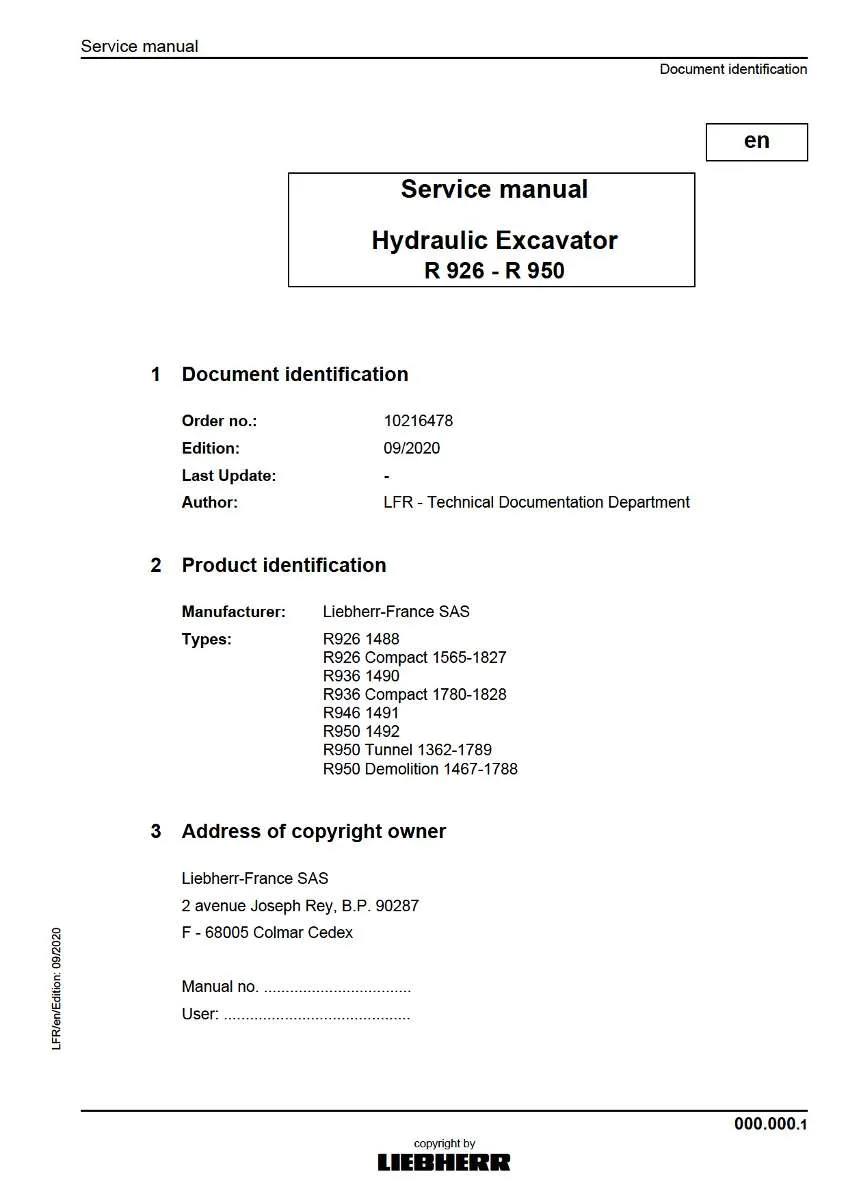 Liebherr Hydraulic Excavator R926, R936, R946, R950 (Compact, Tunnel, Demolition) Service Manual | Instant PDF Download