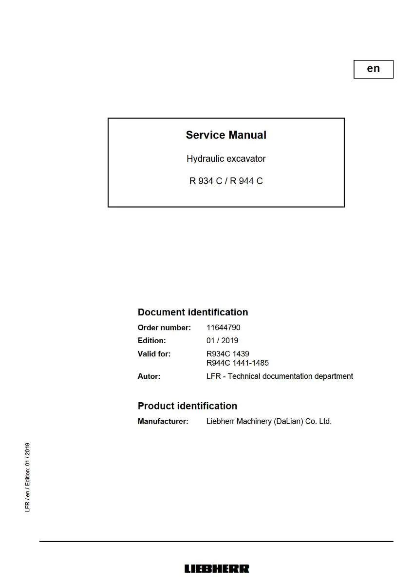 Liebherr Hydraulic Excavator R934c 1439, R944c 1441-1485 Service Manual | Instant PDF Download