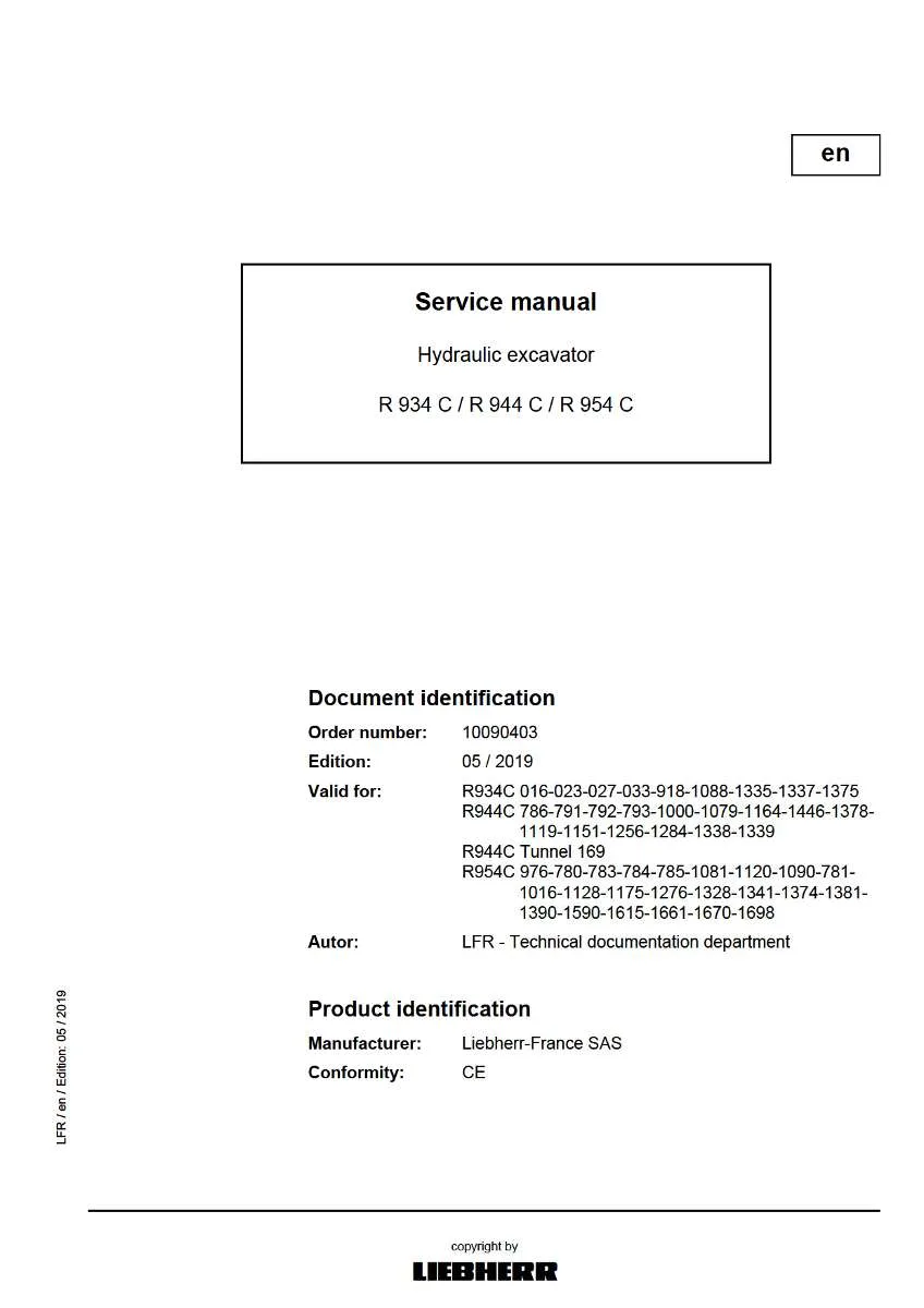 Liebherr Hydraulic Excavator R934c, R944c, R954c Service Manual | Instant PDF Download