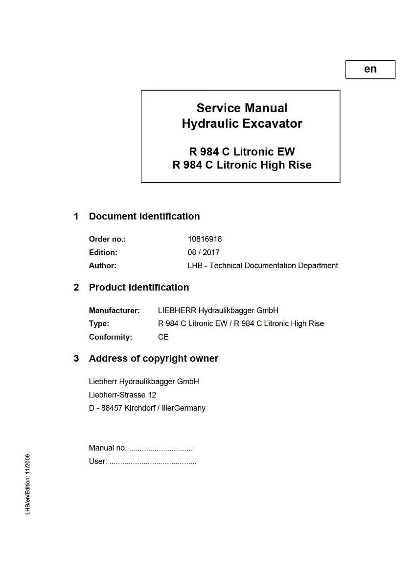 Liebherr Hydraulic Excavator R984c litronic ew, R984c litronic high rise Service Manual | Instant PDF Download