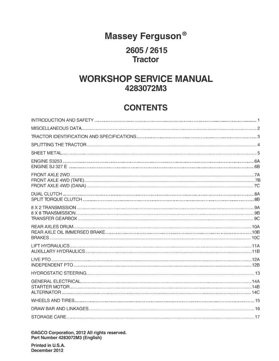 Massey Ferguson Tractor 2605, 2615 Service Manual | Instant PDF Download