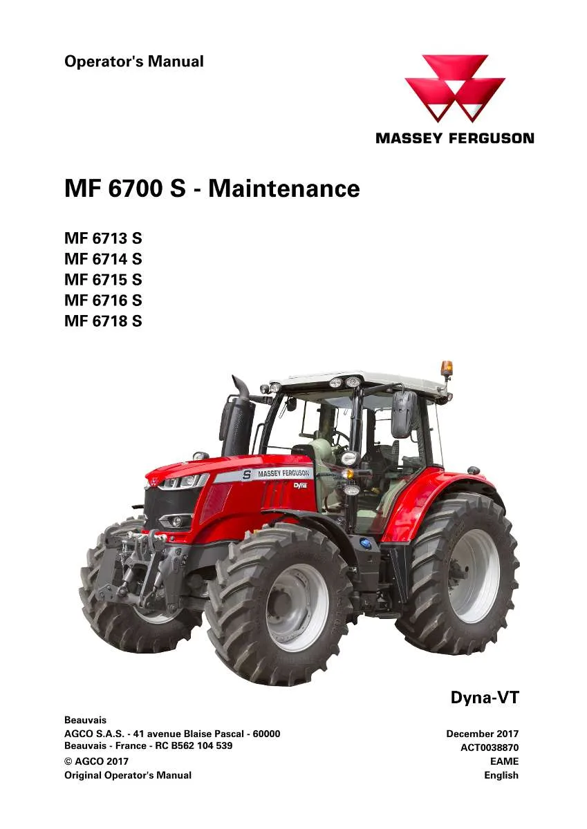 Massey Ferguson Tractor 6700 S Series Dyna-VT Phase 2 MR (6713S-6718S) Operator Manual (Maintenance) | Instant PDF Download
