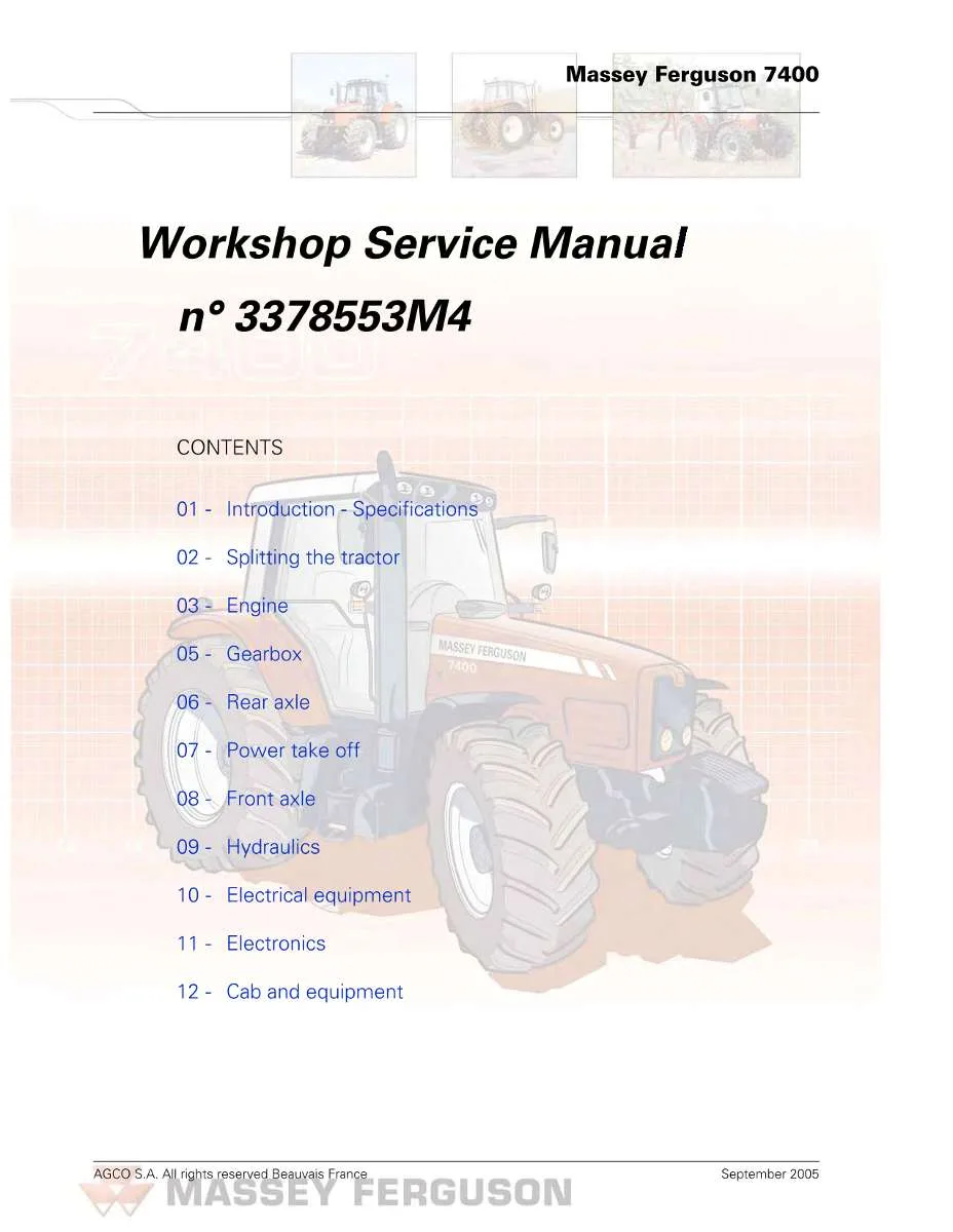 Massey Ferguson Tractor 7400 Series (7465-7499 Before 2009) Service Manual | Instant PDF Download