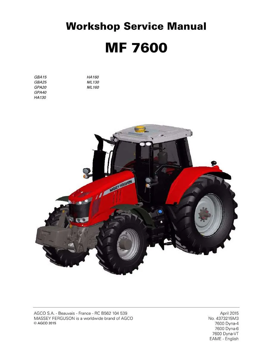 Massey Ferguson Tractor 7600 Series (7614-7626) Service Manual | Instant PDF Download