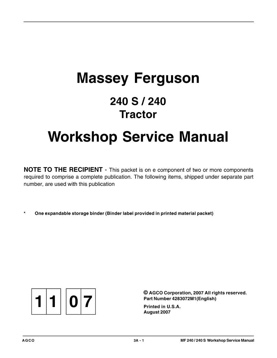 Massey Ferguson Tractor 240, 240S Service Manual | Instant PDF Download