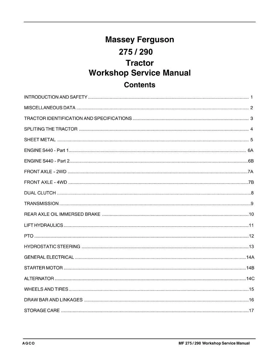 Massey Ferguson Tractor 275, 290 Service Manual | Instant PDF Download