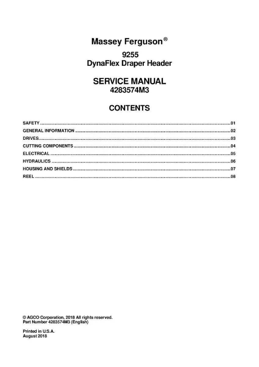 Massey ferguson 9255 Dynaflex Draper header Service Manual PDF | Workshop Repair | Instant Download