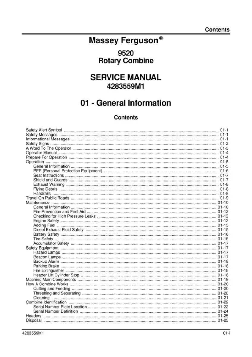 Massey ferguson 9520 Rotary combine Service Manual PDF | Workshop Repair | Instant Download