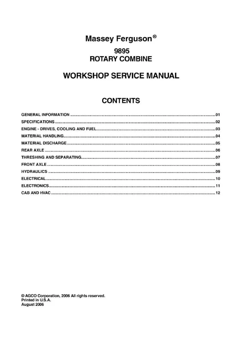 Massey ferguson 9895 Serial numbers hsc8101-Htc8999 Rotary combine Service Manual PDF | Workshop Repair | Instant Download