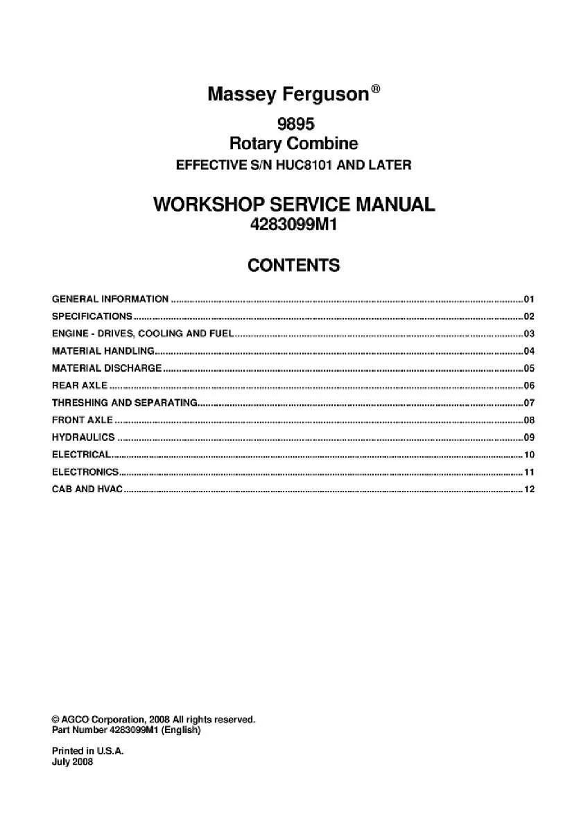 Massey ferguson 9895 Serial numbers huc1801 and later Rotary combine Service Manual PDF | Workshop Repair | Instant Download