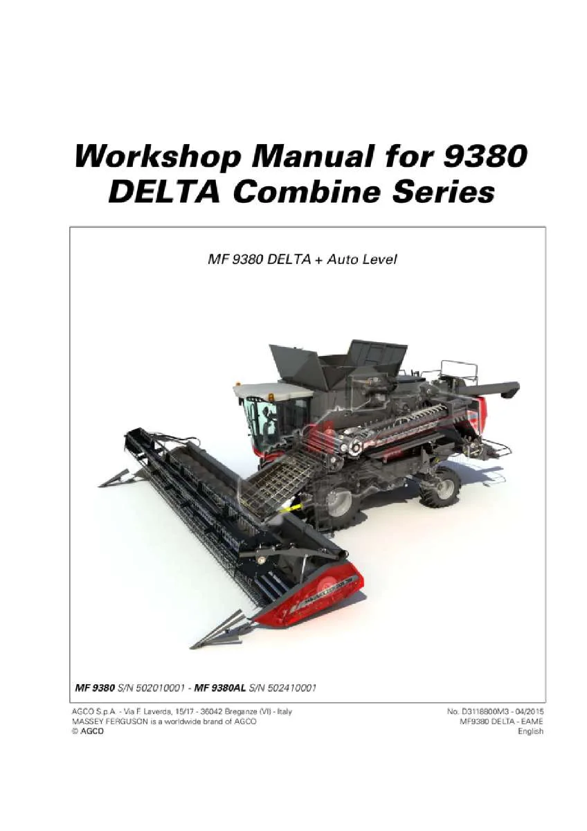 Massey ferguson 9380 9380Al delta auto level Combine Service Manual PDF | Workshop Repair | Instant Download
