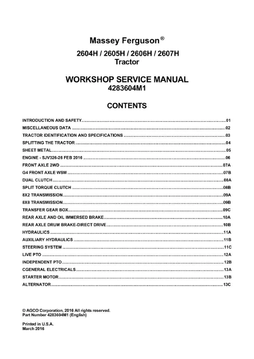 Massey ferguson 2604H 2605h 2606h 2607h Tractor Service Manual PDF | Workshop Repair | Instant Download