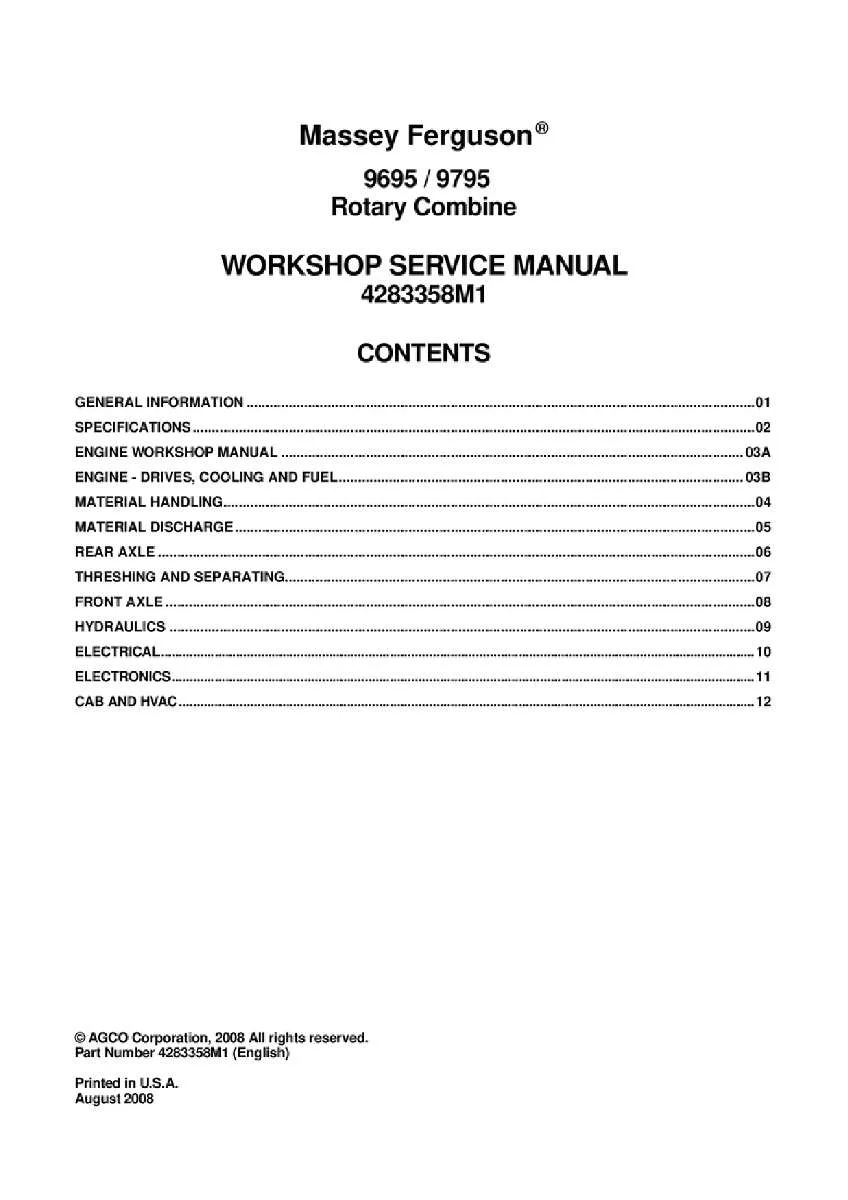 Massey ferguson 9695 9795 Rotary combine Service Manual PDF | Workshop Repair | Instant Download