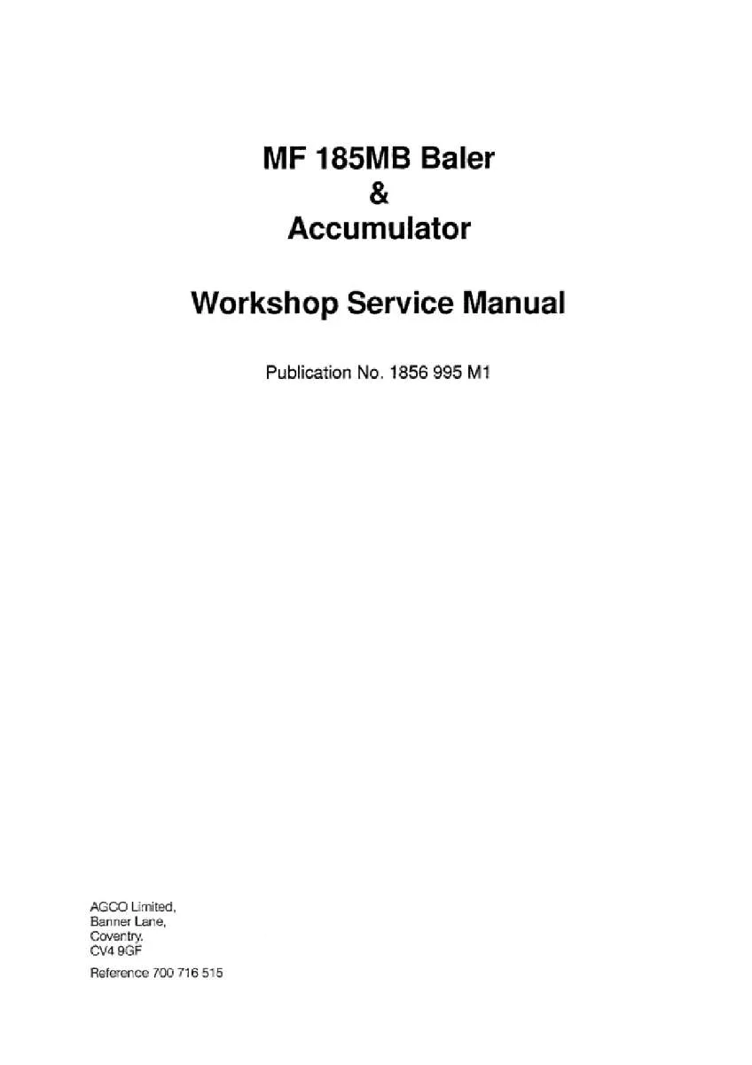 Massey ferguson Mf 185mb accumulator Square baler Service Manual PDF | Workshop Repair | Instant Download